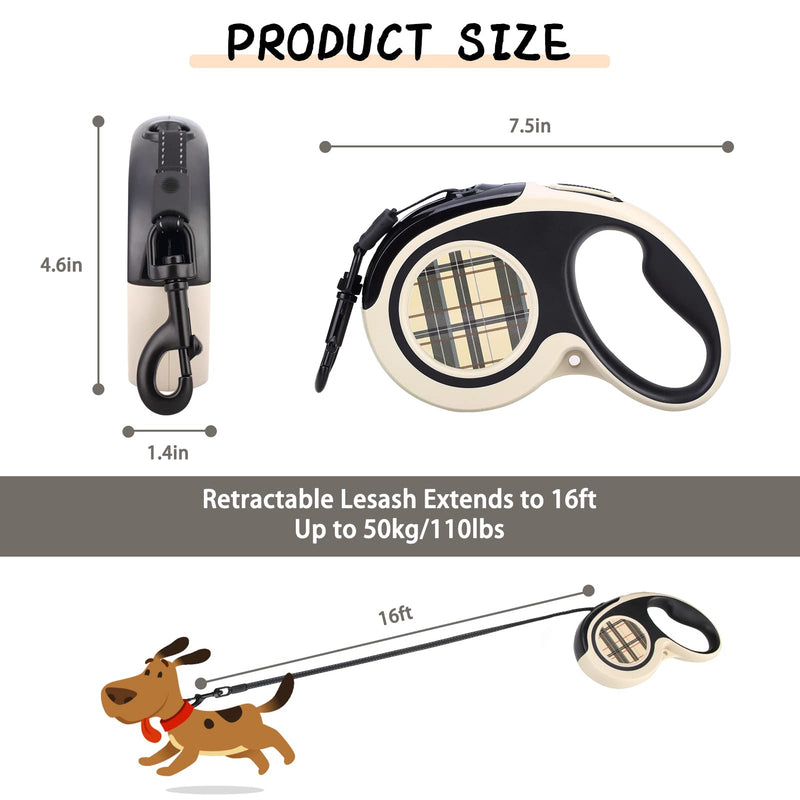 PUPTECK Retractable Dog Leash - Reflective Pet Walking Leash up to 110lbs for Small Medium Large Dogs, Heavy Duty 16ft 360-Degree Tangle-Free Lead, One-Hand Brake Beige Normal - PawsPlanet Australia