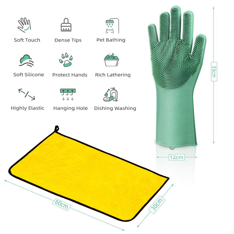 Peakally Pet Grooming Gloves, Dog Bathing Scrubber Gloves, Soft Silicone Hair Removal Golves with High Density Tips for Cats, Dog with Drying Towel - PawsPlanet Australia