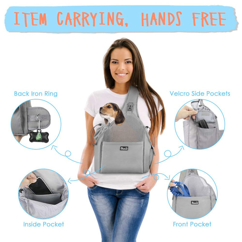 SlowTon Pet Dog Sling Carrier, Comfortable Firm Bottom Sling for Small Dogs Cats Hand Free Breathable Papoose Travel Bag Tote Adjustable Padded Shoulder Strap Storage Pockets Safety Belt Washable Grey - PawsPlanet Australia