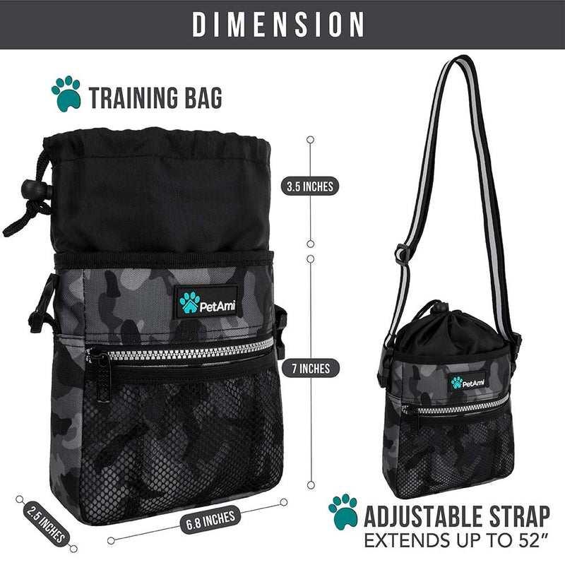 PetAmi Dog Treat Pouch | Dog Training Pouch Bag with Waist Shoulder Strap, Poop Bag Dispenser and Collapsible Bowl | Treat Training Bag for Treats, Kibbles, Pet Toys | 3 Ways to Wear One Size Camo Black - PawsPlanet Australia