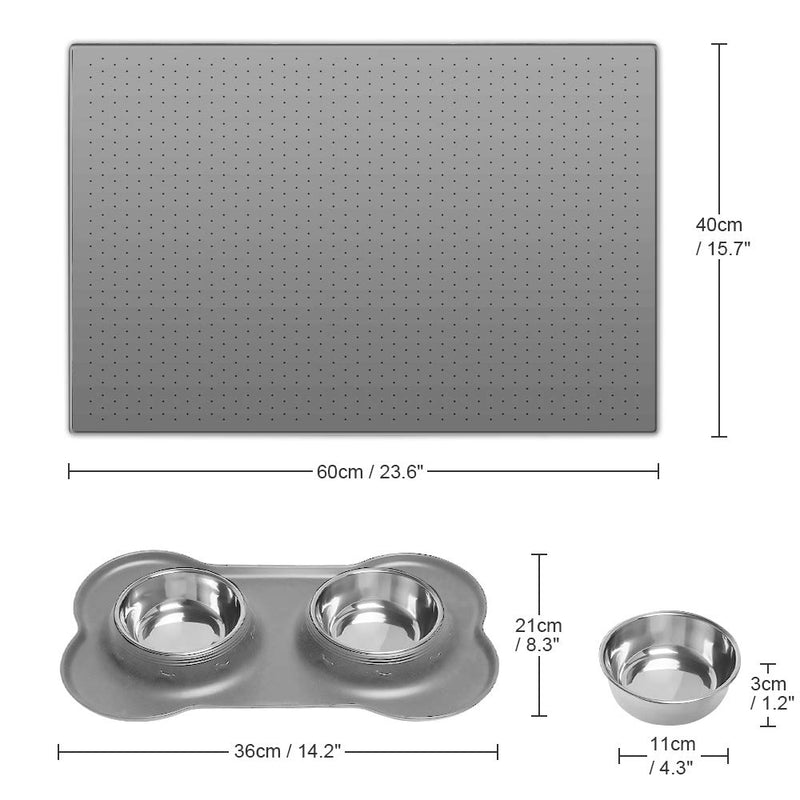 INPHER Feeding Mat Bowl Set, 2 Pack Silicone Pet Mat and Bowl Feeding Tray Non Slip Mat Waterproof FDA Grade Feeding Water Food for Cats Puppies Dogs Small Animals,60 x 40 cm Grey - PawsPlanet Australia