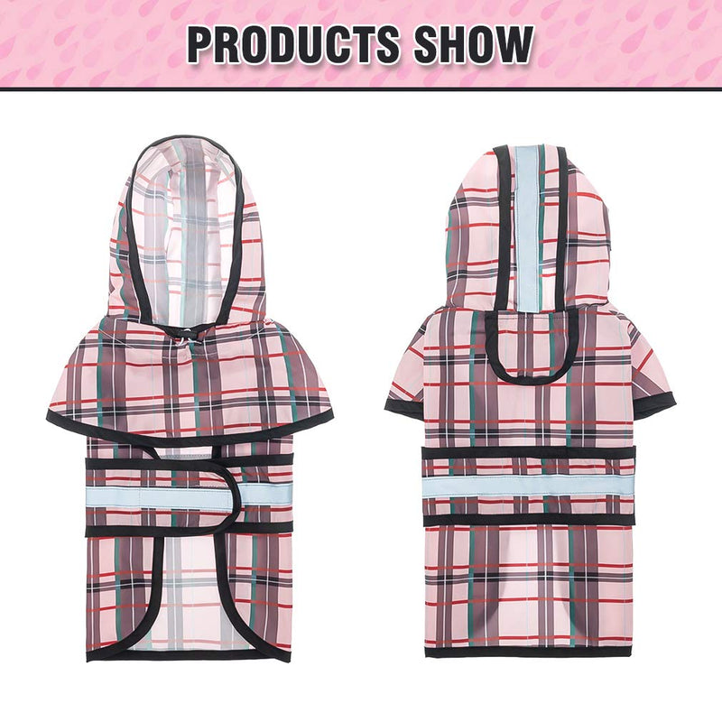 BINGPET Plaid Dog Raincoat - Hooded Waterproof Pet Poncho with Reflective Strap, Lightweight Dog Rain Coat Jacket with Leash Hole, Fit for Small Medium Dogs, Pink - PawsPlanet Australia