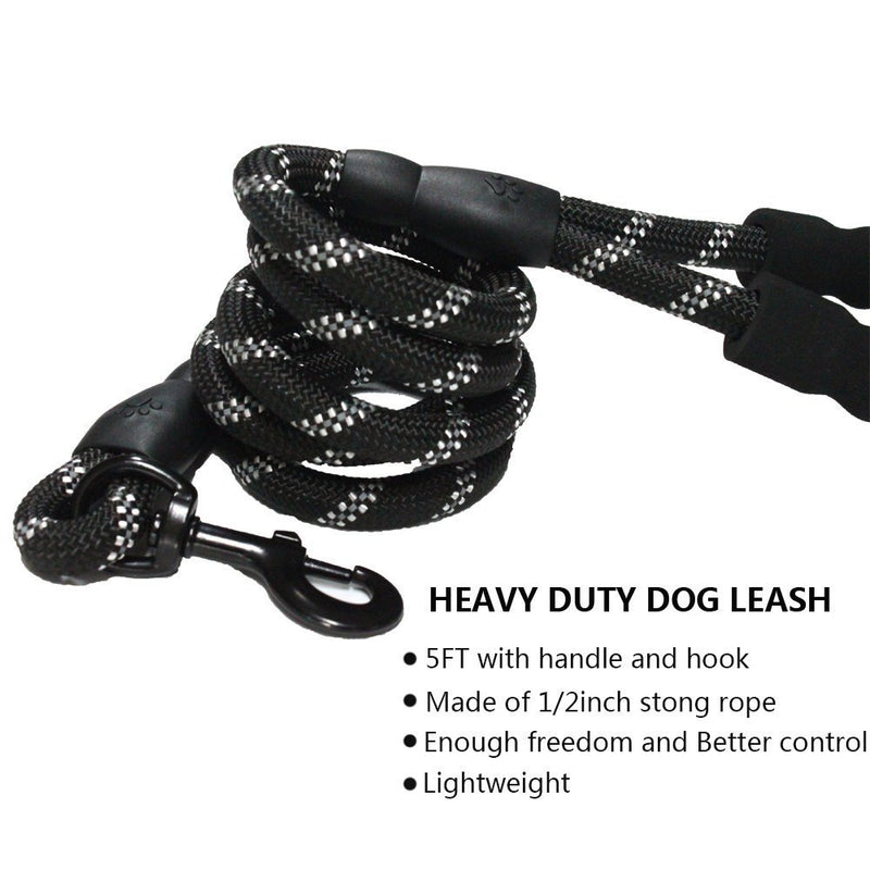 Gavpepy 3M Reflective Dog Leash 5ft 6ft Long with Traffic Padded Handle, Dog Training Leash Heavy Duty, Dog Poop Bag Dispenser Double Handle Lead for Large or Medium Dog 1Black+1Black 2Pack 5FT (NO Poop Bag Dispenser) - PawsPlanet Australia