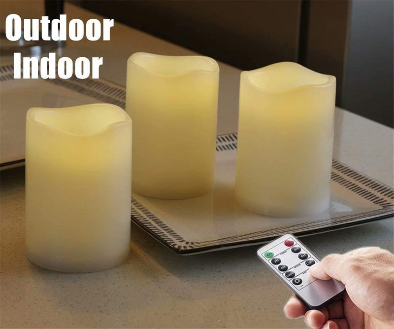 Set of 3 Outdoor IP44 Warm White LED Rainproof Waterproof Flameless Battery LED Pillar Candles with Remote and Timer, Plastic, Won't Melt, Weather Resistant Design 3 x 4", Timer 24hours 3X4'' - PawsPlanet Australia