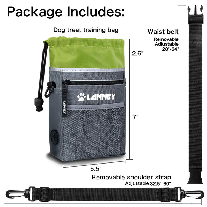 LANNEY Dog Treat Pouch Pet Training Bag for Small to Large Dogs, Treat Tote Carry Kibble Snacks Toys for Training Reward Walking, Metal Clip, Waist Belt, Shoulder Strap, Poop Bag Dispenser Only Pouch (Gray with Green) - PawsPlanet Australia