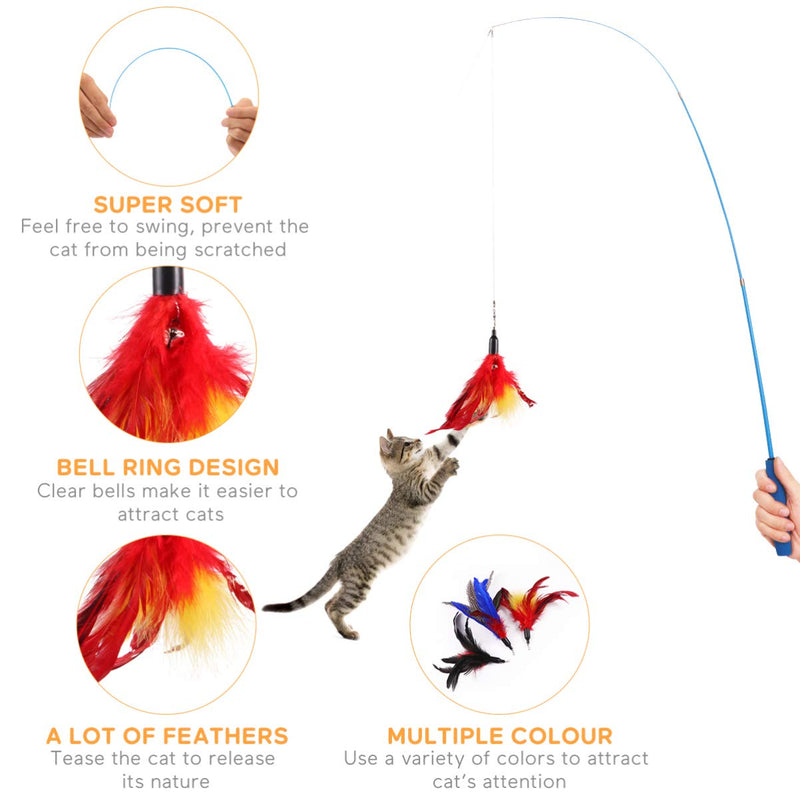 POPETPOP 2PCS Cat Feather Toy Set - Retractable Interactive Teaser Wand Cat Toys with 12 Refills Feathers Worms Fish Mouse Dragonfly Catcher for Cats and Kitten - PawsPlanet Australia