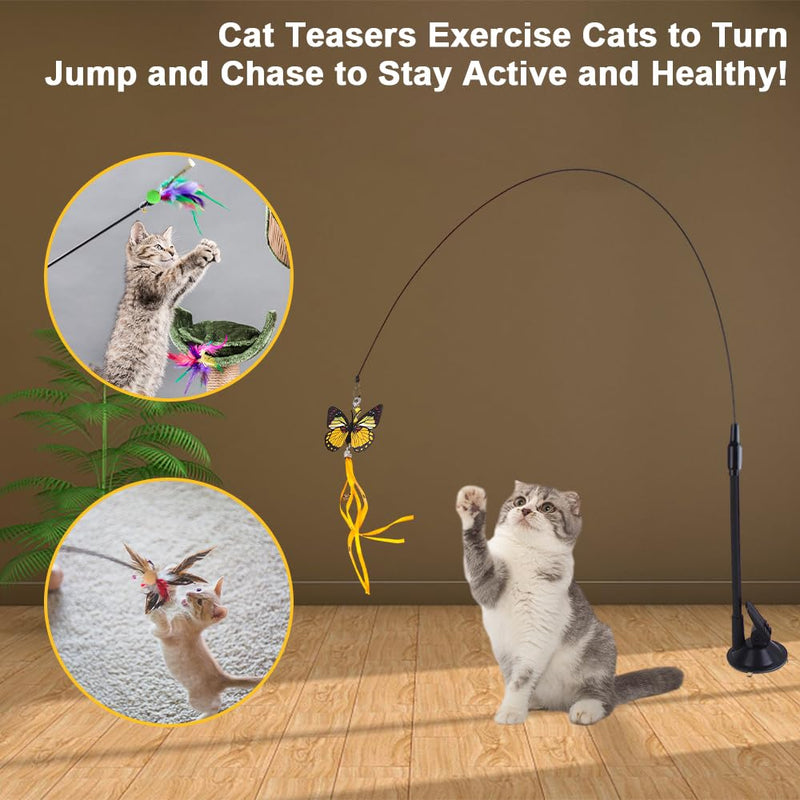 Pack of 11 interactive cat toys with feathers, cat fishing rod with feathers, cat toy fishing rod with suction cup, cat fishing rod suction cup with butterflies, feathers and beetles, for cats and kittens - PawsPlanet Australia