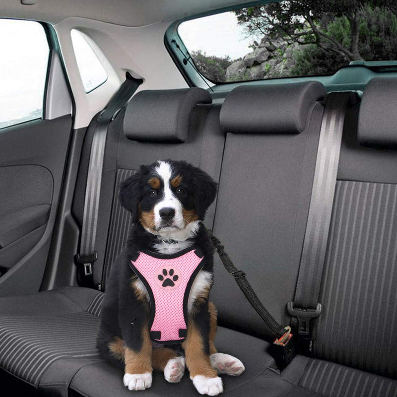 Slowton Dog Car Harness Plus Connector Strap, Multifunction Adjustable Vest Harness Double Breathable Mesh Fabric with Car Vehicle Safety Seat Belt X-small A3-Pink - PawsPlanet Australia