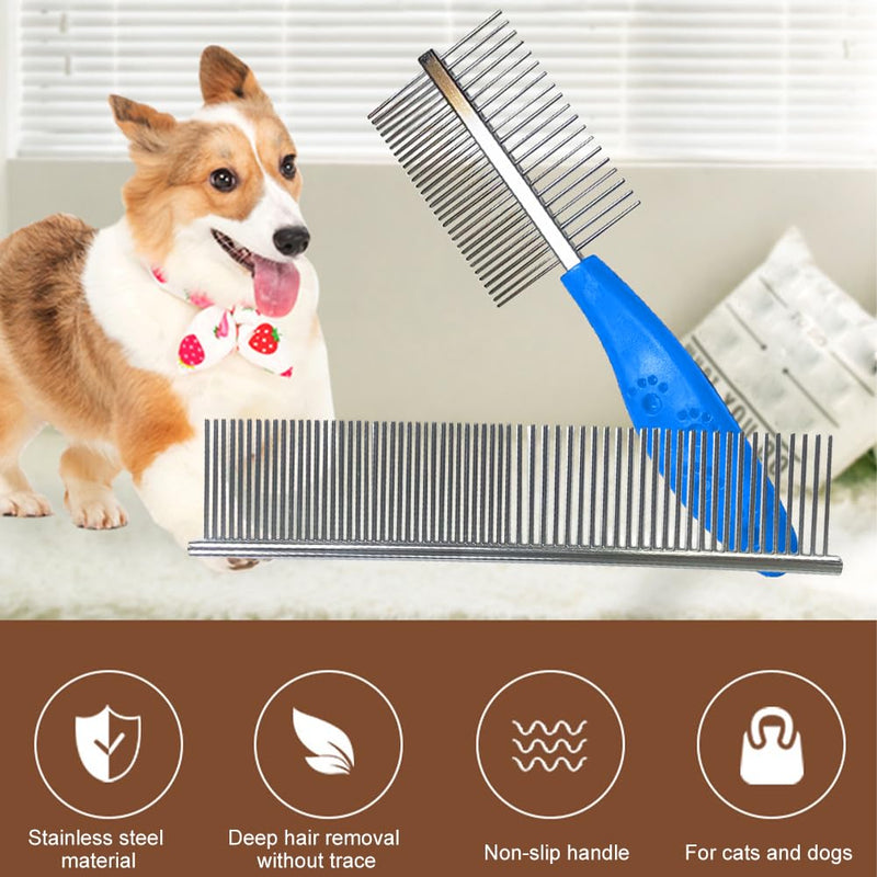 2-Piece Stainless Steel Pet Comb Pet Grooming Comb Rounded Teeth Dog Comb Pet Steel Comb Metal Grooming Comb, with Tangled Short and Long Hair (as shown) as shown - PawsPlanet Australia