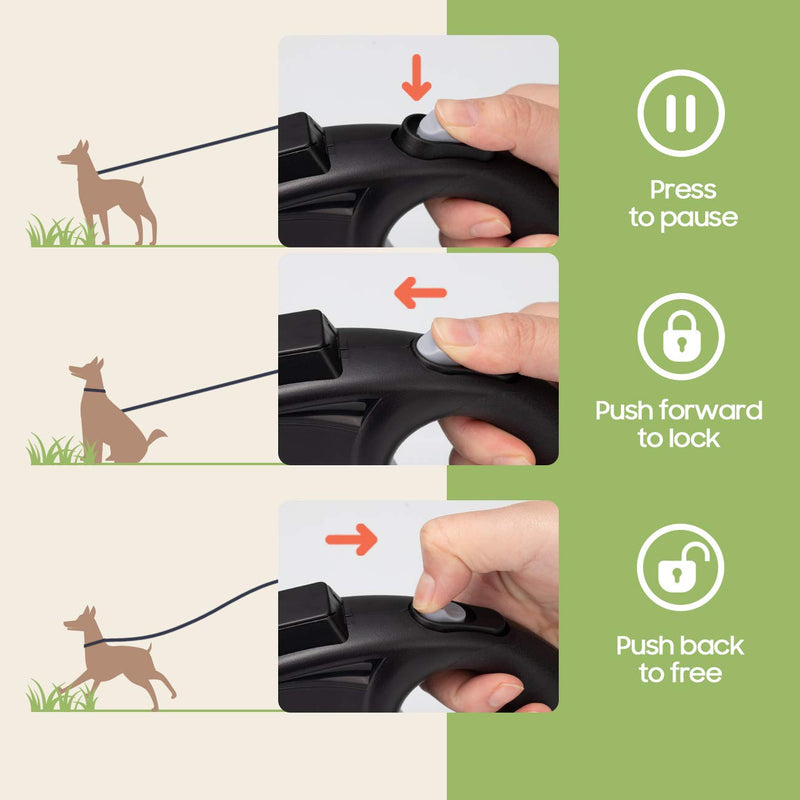 [Australia] - Happy & Polly Retractable Dog Leash with Flashlight, Protective Bungee Leash, Convenient Hook, 16.4ft Reflective Fishing Line Weaved Strong Tape, One- Handed Release, Pause, Lock Black 