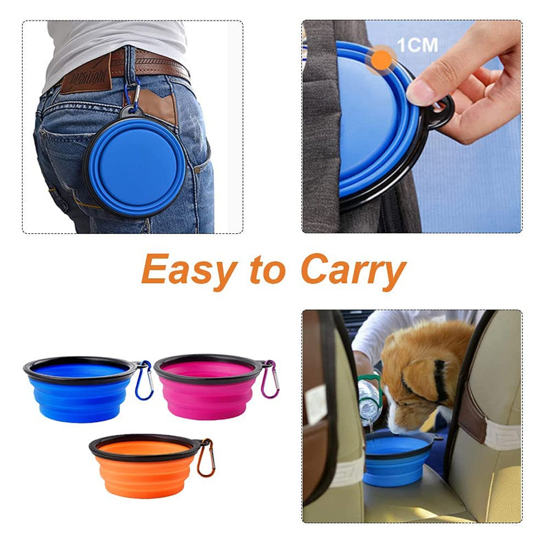 3 Pcs Folding Food Bowl, Portable Pet Food Water Bowl, Silicone Pet Food Bowl, Foldable Travel Bowl Dish, with Travel Carabiner for Pet Food and Water Feeding (Blue+Orange+Purple) - PawsPlanet Australia