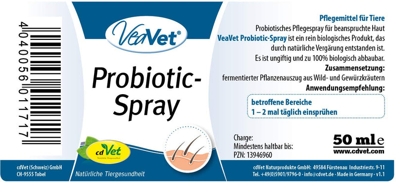 cdVet Naturprodukte VeaVet Probiotic-Spray 50 ml - Dog, cat - care spray - for fungus and germ-prone skin - protection - stressed + sore skin - bacteria - healthy - well-being - - PawsPlanet Australia