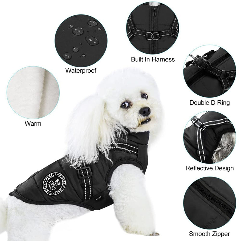 Poseca Dog Clothes for Small Dogs Dog Coat Waterproof Winter Jacket Warm Vest Dog Clothes Dog Coat Warm Winter Dog Jacket with Dog Harness for Small Medium Large Dogs S black - PawsPlanet Australia