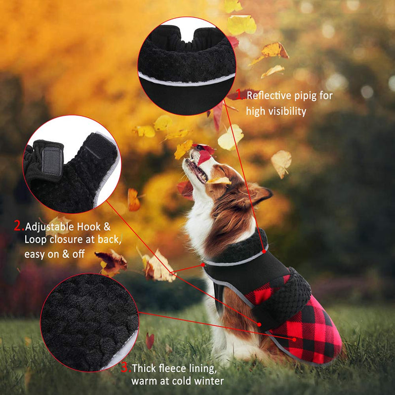 Kuoser Dog Winter Coat British Style Plaid Fleece Warm Christmas Clothes, Reflective Reversible Cold Weather Dog Jacket Windproof Cozy Dog Vest for Small Medium Large Dogs XS(Chest Girth:9.8-14.9") Red - PawsPlanet Australia