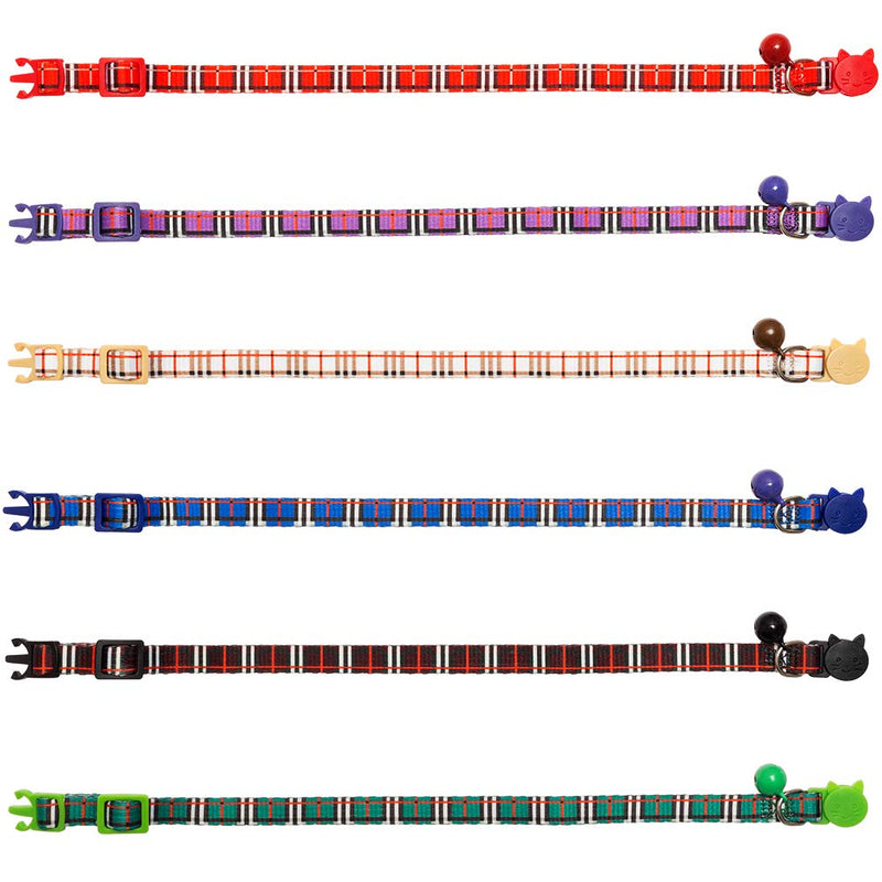 [Australia] - BINGPET Breakaway Cat Collars with Bell, Safety Buckle Plaid Patterns Mixed Colors, Adjustable Kitten Collars from 7.8-11.8 Inch, 6 Pack 