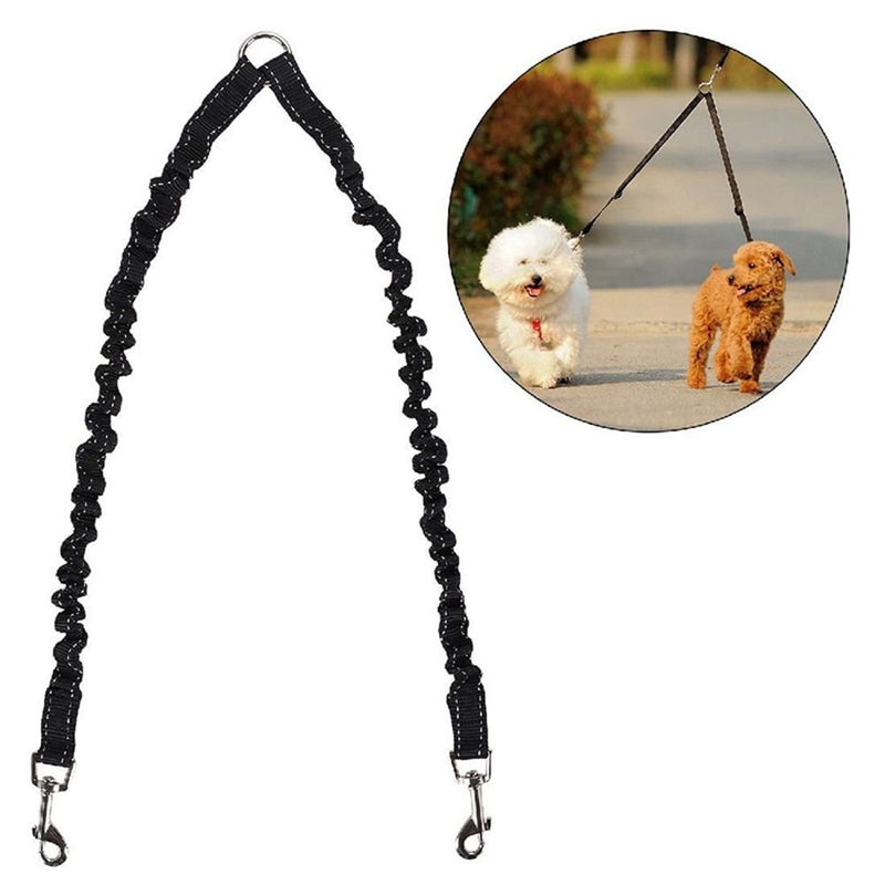 [Australia] - VEIREN Dual Sided Dog Walking Leash Coupler Tangle Free Bungee 360°Swivel Training Leash Elastic Comfortable Shock Absorbing Two Dog Leads Splitter Black 