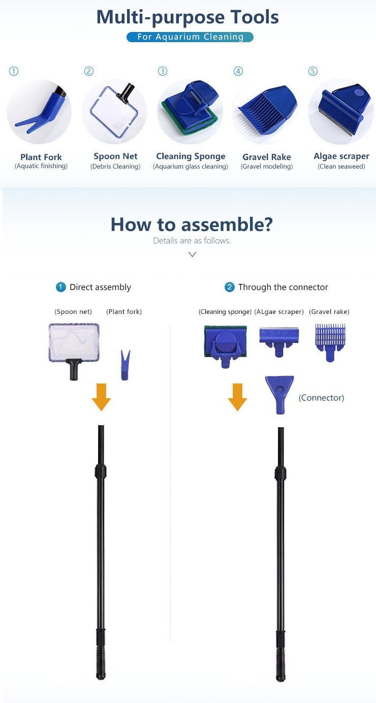 [Australia] - AquaticHI 5 in 1 Multi-Function Aquarium/Fish Tank Cleaning Tool, Algae Scraper, Fish Net, Sponge, Plant Fork, Gravel Rake for Long Deep Fish Tanks Extendable 