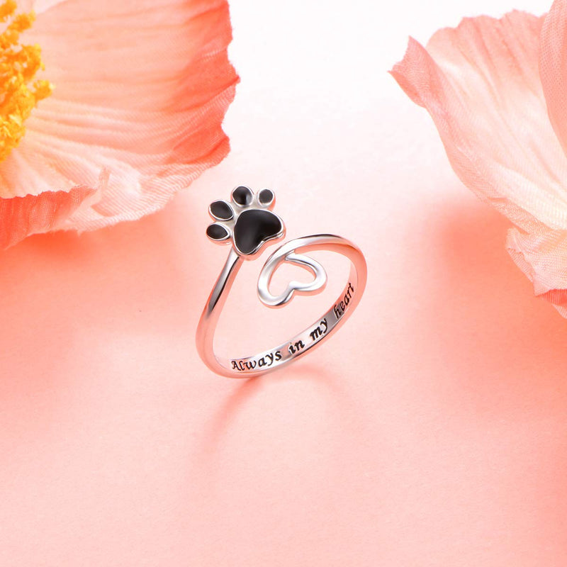 Sterling Silver Jewelry Engraved Always in my heart Puppy Dog Cat Pet Paw Print Love Heart Open Ring Black 6 - PawsPlanet Australia