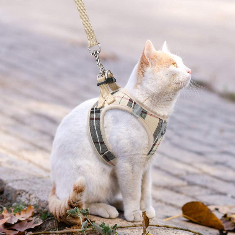 PUPTECK Escape Proof Cat Harness and Leash Set for Medium and Large Kitten Kitties with Classic Plaid Pattern, Breathable and Soft for Outdoor Walking Adjustable Chest Strap, Beige M: Chest: 13-15" - PawsPlanet Australia