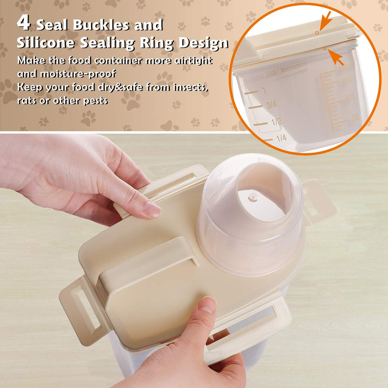 Kytely Upgraded Airtight Pet Food Storage Container, Small Dog Food Container with Measuring Cup, Cat Food Container with Pour Spout, 4 Seal Buckles Food Dispenser for Regular Food, Dogs, Cats, Birds Beige - PawsPlanet Australia