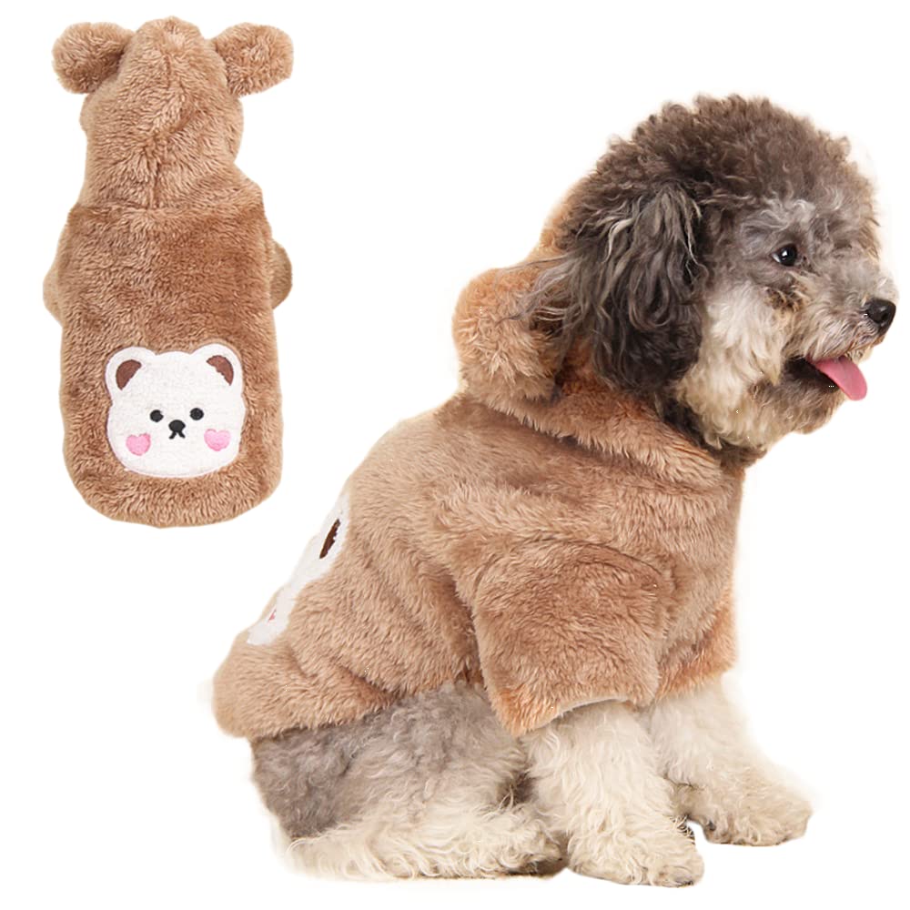 ANIAC Small Dog Winter Coat for Puppy Warm Fleece Hoodies Cute Bear Design Pet PJS Jumpsuit Soft Cold Weather Clothes for Cats Chihuahua Yorkie Poodle Teddy (Small, Brown) - PawsPlanet Australia