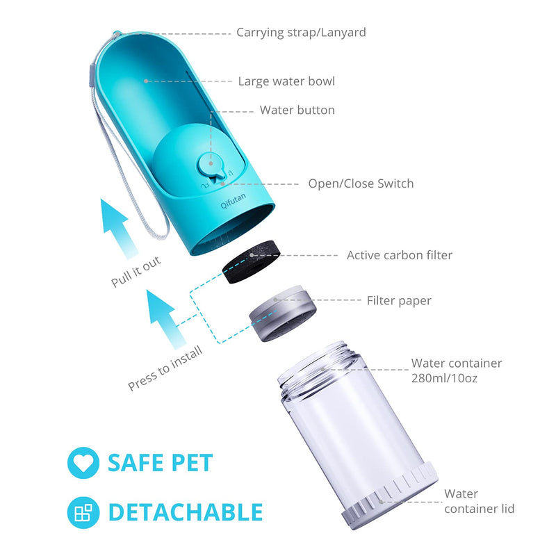 Qifutan Portable Water Bottle for Dogs - Leakproof Retractable Puppy Water Dispenser, Lightweight Pet Water Bottle Bowl for Outdoor Walking, Hiking, Travel, Food Grade Plastic BPA Free (10 Oz) - PawsPlanet Australia