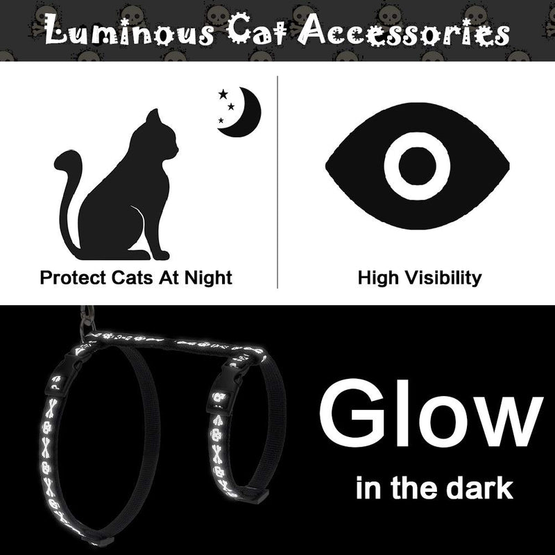 PUPTECK Luminous Cat Harness Collar and Leash Set for Small Medium and Large Kitties Outdoor Exercise Walking with Cool Skull Pattern - PawsPlanet Australia