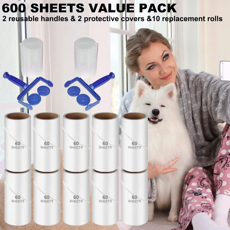 Lint Rollers for Pet Hair Remover Roller, Sticky Roller, Clothes Brush, 600 Sheets Adhesive Roller with 10 Lint Roller Refills & 2 Handles for Coat, Fabric, Bed, Fluff & Dust - PawsPlanet Australia