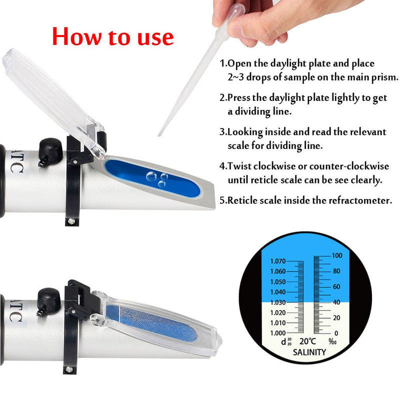 Seawater Salinity Refractometer,V-Resourcing Automatic Temperature Compensation Sea Water Salinity Measurer for Aquarium, Hydrometer, 0-100ppt & 1.000-1.070 Salinity Specific Gravity - PawsPlanet Australia
