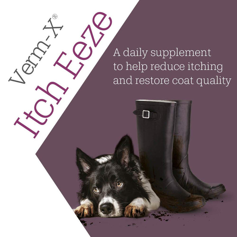 Verm-X Itch-Eeze for Dogs. All Natural Daily Supplement to Reduce Itching and Restore Coat Quality. Allergen free. Supports Immune System Clear 50gm - PawsPlanet Australia