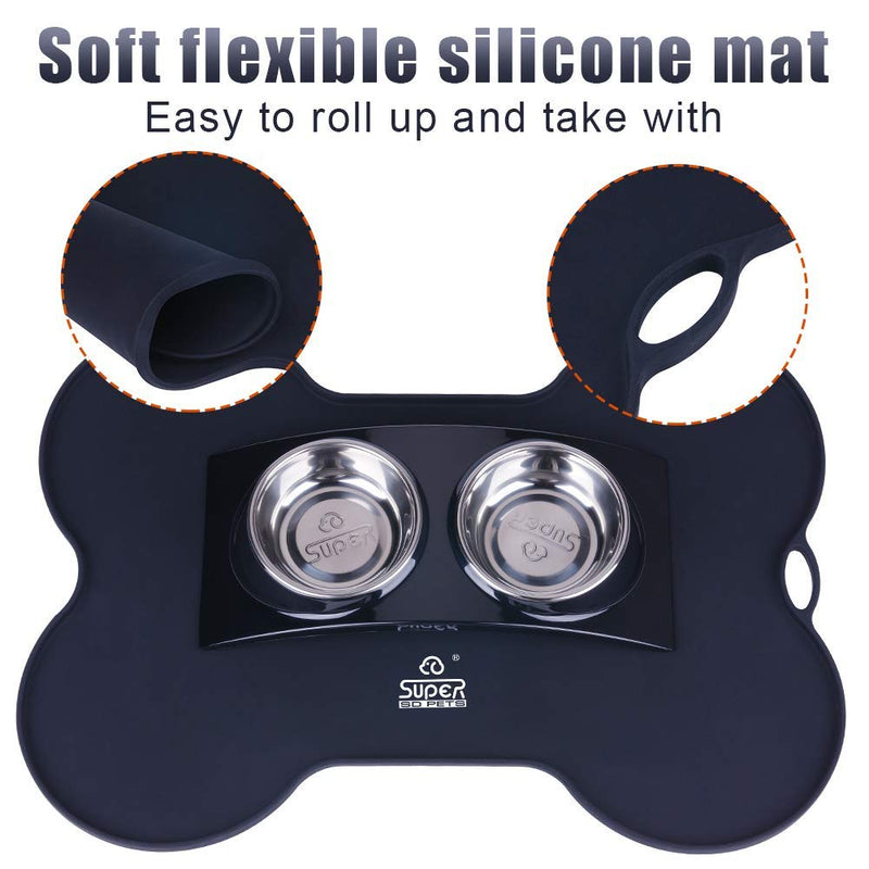 [Australia] - Super Design Silicone Waterproof Placemat - Bone Shaped Pet Feeding Mat, Silicone Raised Lip Non Spill Dog Cat Bowl Mat Black/Bone Shaped 