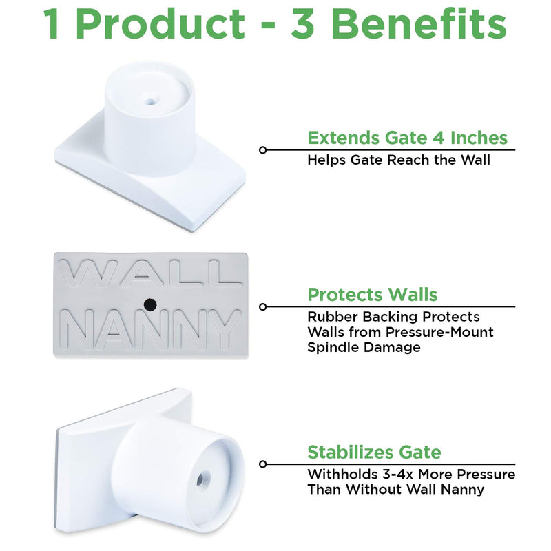[Australia] - Wall Nanny Extender - 4 Inch Baby Gate Extension (Made in USA) Extends Pressure Mounted Gates + Protects Walls + Stabilizes Gate - for Child, Pet & Dog Gates - Works on Stairs - Wall Protector White 