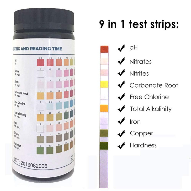 [Australia] - Qguai 9 in 1 Aquarium Test Strips, Water Test Strips for Saltwater Freshwater Pond Pool Spa, Test pH, Nitrate, Nitrite, Carbonate, Chlorine, Alkalinity, Hardness, Fast and Accurate,50-Strips 