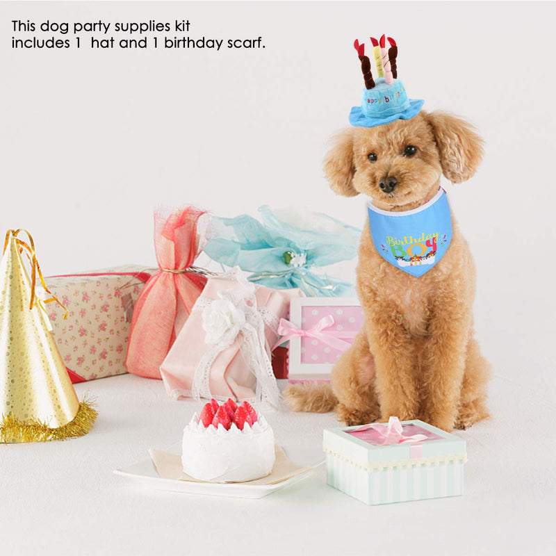 Dog Birthday Bandana Hat, 2pcs Cute Dog Birthday Candles Cake Hat with Triangle Bib Scarf for Girls Boys,Happy Birthday Boy Print Outfit for Your Lovely Dog Puppy Pet Birthday Supplies Blue - PawsPlanet Australia