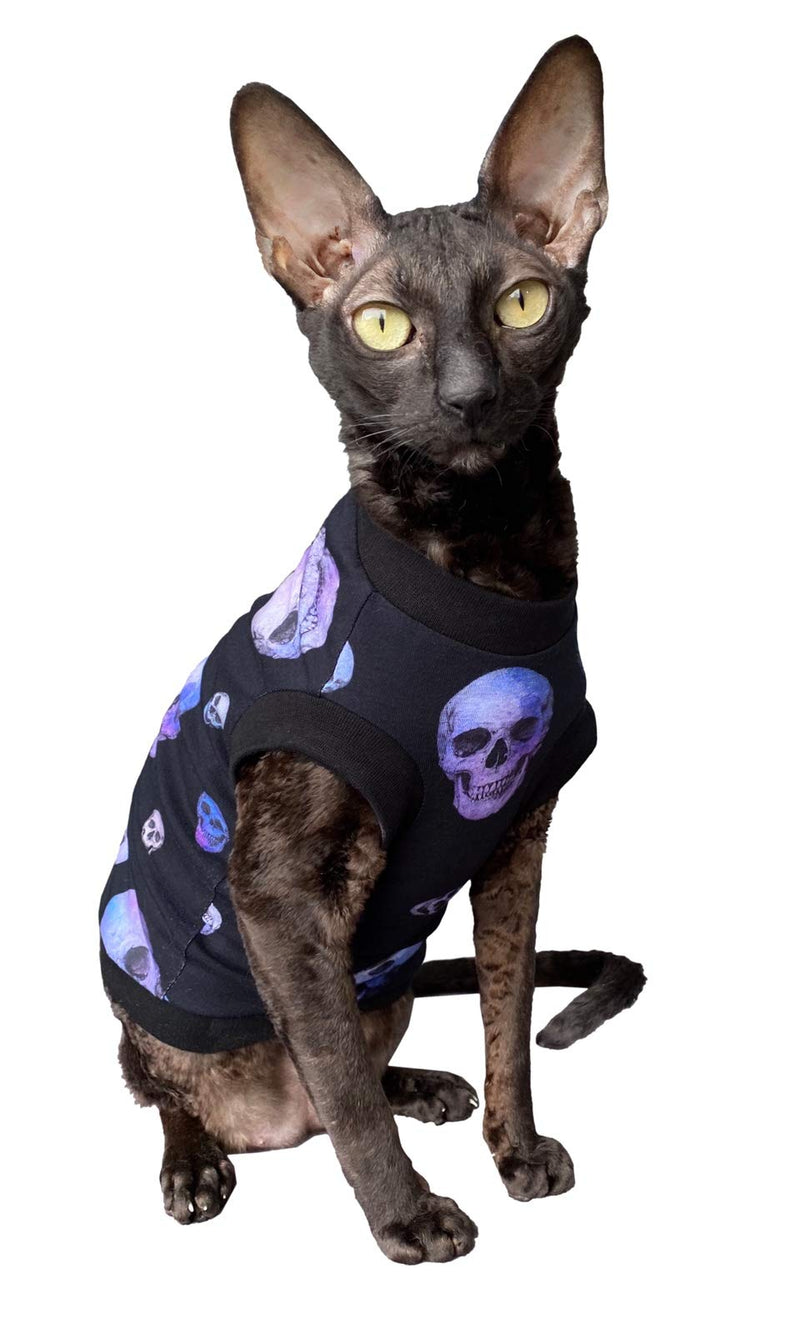 Kotomoda Hairless Cat's cotton stretch T-shirt Purple Sculls for Sphynx Cats (XS) XS - PawsPlanet Australia