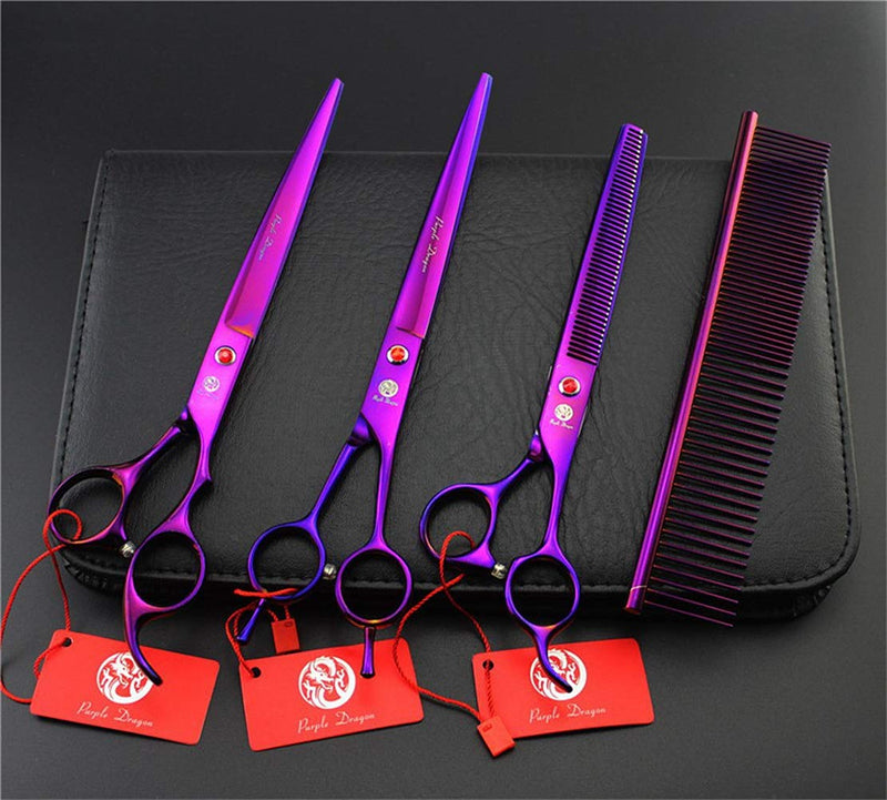 [Australia] - Purple Dragon 8.0" Titanium Multicolor Professional Pet Grooming Scissors Set,Straight & Thinning & Curved Scissors Shear with Bag for Dog Cat Grooming Purple 