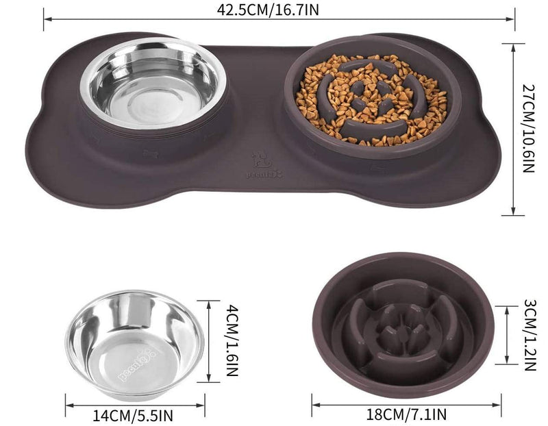 Pecute Dog Bowl Slow Feeder Bloat Stop Pet Bowl Eco-Friendly Non-Toxic No Choking Healthy Design Bowl with No-Spill Non-Skid Silicone Mat Stainless Steel Water Bowl for Dogs Cats and Pets M-13.5oz/bowl Brown Bowl - PawsPlanet Australia