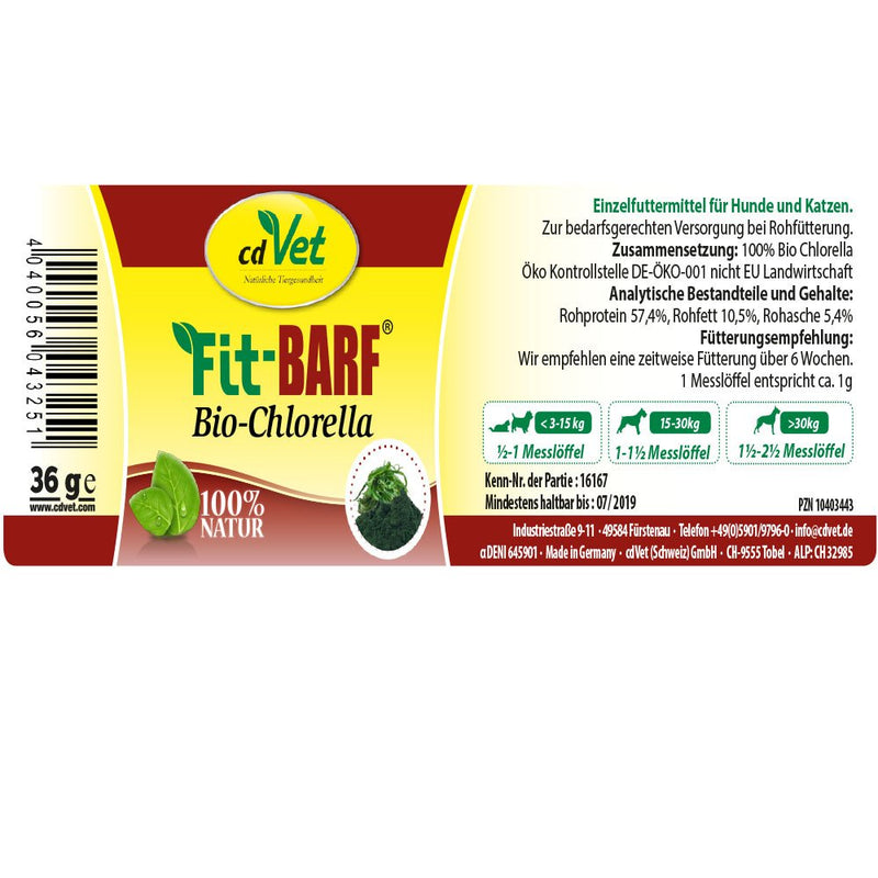 cdVet Natural Products Fit-BARF Organic Chlorella 36 g - Dog & Cat - Cell Support - Unpleasant Body and Mouth Odors - Natural Toxin Binder - Vitamins - Raw Feeding - BARFEN - - PawsPlanet Australia