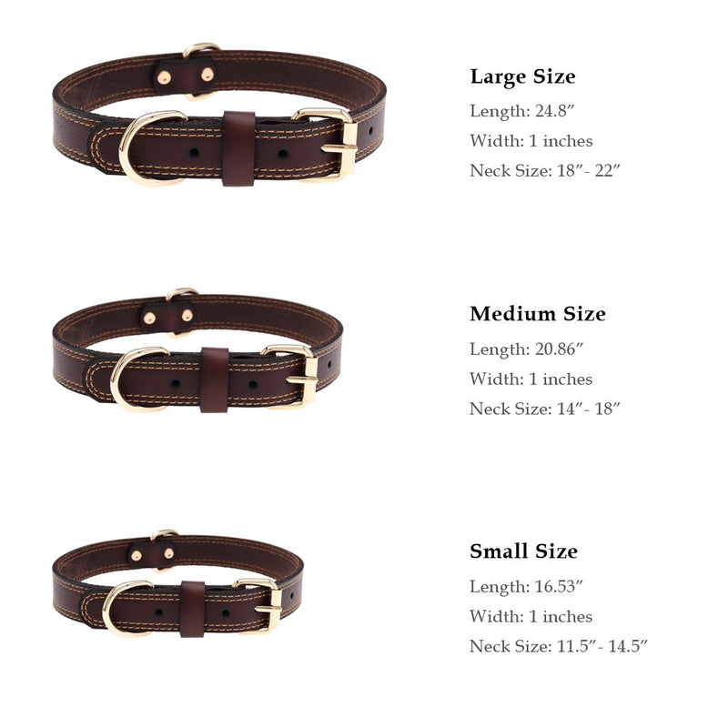 [Australia] - TREVANO Genuine Leather Dog Collar with Alloy Buckle and Double D Rings Large Brown 