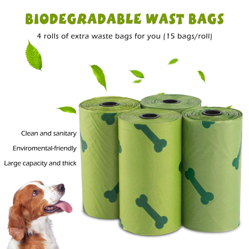 [Australia] - Poop Bag Holder for Leash with Built-in LED Flashlight and 4 Rolls of 12.6"x8.8" Extra-Thick Leak-Proof Biodegradable Dog Poop Bags for Dog Walking Outdoor Day and Night (60 Bags) 