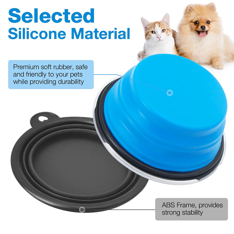 Dog Bowls, Foldable Travel Bowl, Pack of 2, Feeding Dog Bowls with Lid and Hook, Leak-Proof Dog Bowl, Portable Silicone Drinking Bowl for Cats, Dogs Hiking and Camping (Green & Blue) (M, black blue) M - PawsPlanet Australia