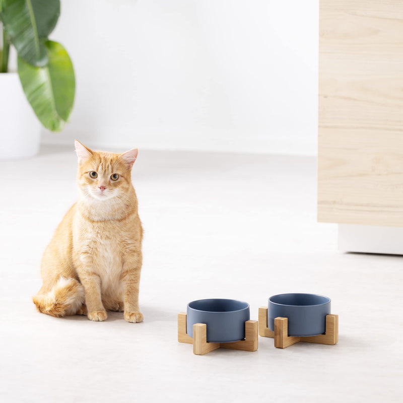 Navaris Ceramic Elevated Cat Bowls - Raised Double Food and Water Bowl Set for Cats and Small Dogs with Wood Stands - Pet Bowls - S, Blue Blue Matte - PawsPlanet Australia