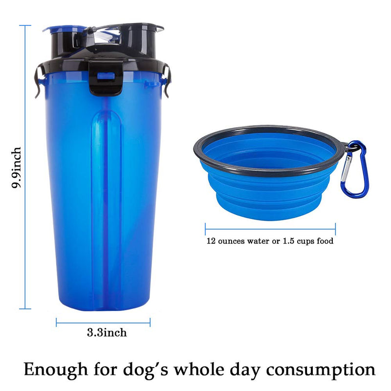 Powerking Dog Water Bottle,350ml 2-in-1PP Pet Cat and Dog Bottle With 250g Pet Food Container for Walking/Hiking/Traveling, Two12 Ounce Collapsible Dog Bowls and Outdoor Hook(Blue) Blue - PawsPlanet Australia