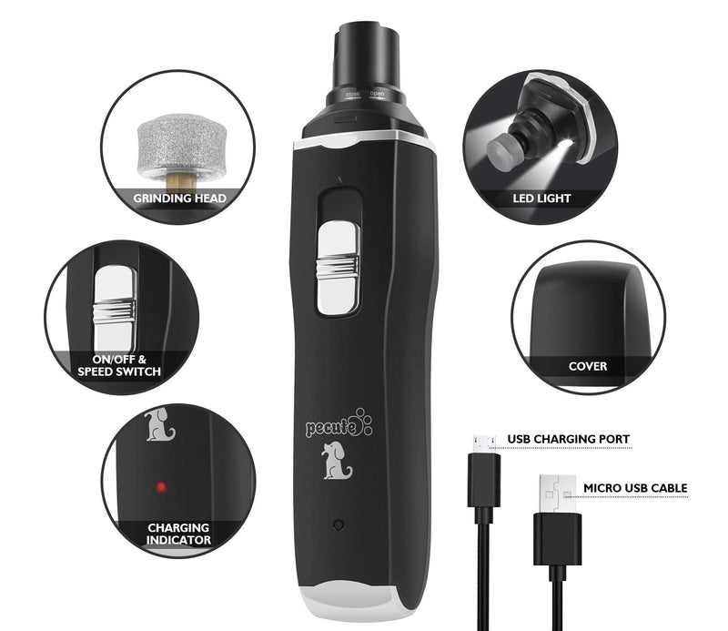 pecute Dog Nail Grinding with LED Light, 50DB Low Noise Electric Pet Nail File-2 Speed Safe Smooth Trimming-2 Hours Quick Charge, Strong Motor Great for Small to Large Pets(Black) Black - PawsPlanet Australia
