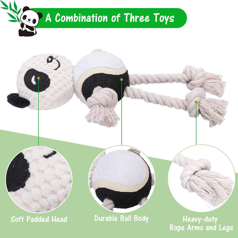 Dog Rope Toy - Pet Durable Panda Chew Toy with Tennis Ball Body and Built-in Squeaker Head for Puppy Teething Black - PawsPlanet Australia