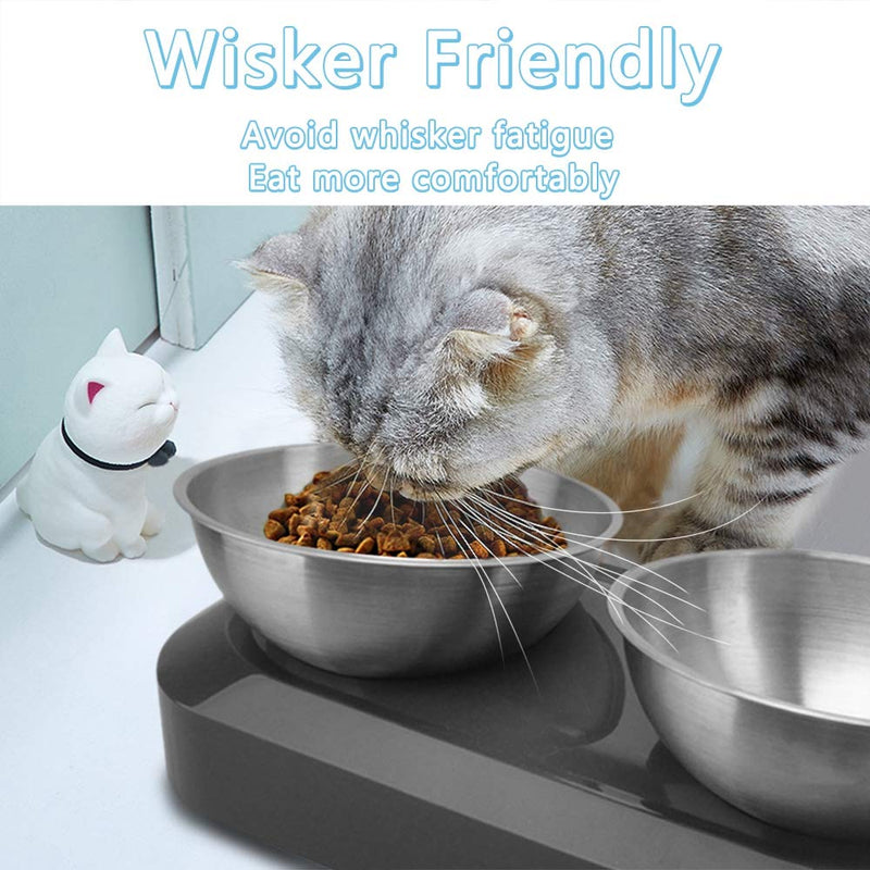 TANGN Raised Cat Feeding Bowl Stainless Steel Cat Food Dish Elevated with Non-Slip Stand, Tilted 15° Anti Vomiting Cat Bowls Designed for Kitten Puppy Pet Whisker Fatigue Dishwasher Safe (Double Bowl) Double Bowl - PawsPlanet Australia