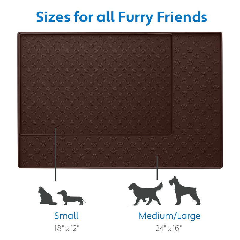 MIGHTY MONKEY Premium Silicone Pet Feeding Mat, Waterproof Pets Placemat, Raised Edges, Paw Print Patterned Food Tray Mats, Dishwasher Safe, Prevent Food and Water Bowl Spills on Floor 24x16 Inch (Pack of 1) Brown - PawsPlanet Australia