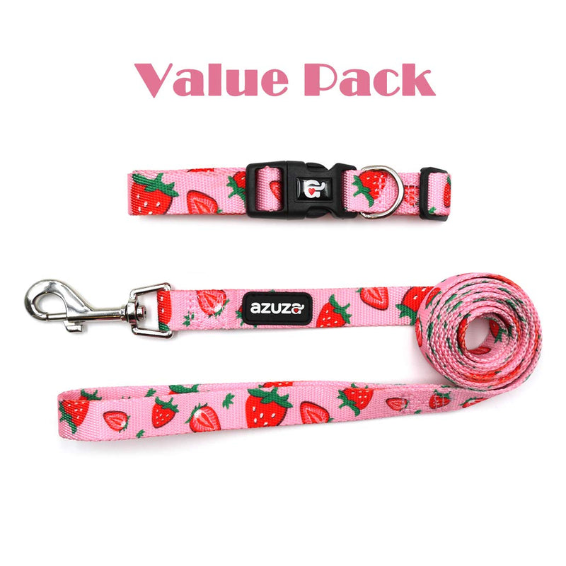 [Australia] - azuza Dog Collar and Leash Set, Cute Fruit Patterns, Adjustable Nylon Collar with Matching Leash for Small Medium and Large Dogs S (Neck: 11"-16") Strawberry 