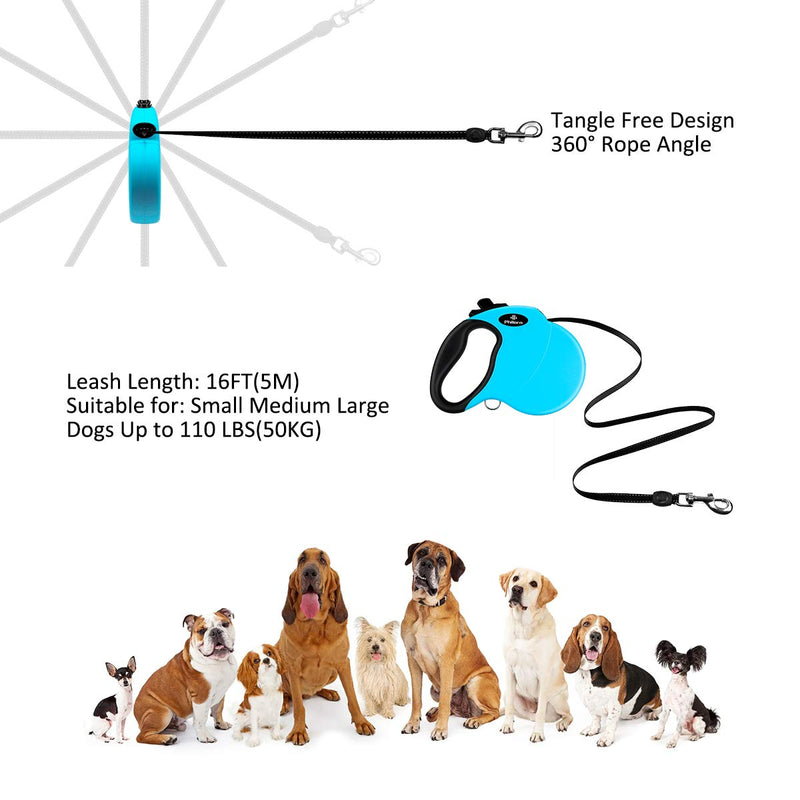 [Australia] - PHILORN Retractable Dog Leash, Heavy Duty 16.4ft Extendable Dog Lead, Tangle Free, One-Handed Brake, Anti-Slip Handle Reflective Extending Dog Walking Leash for Small to Large Pet up to 110lbs Blue 