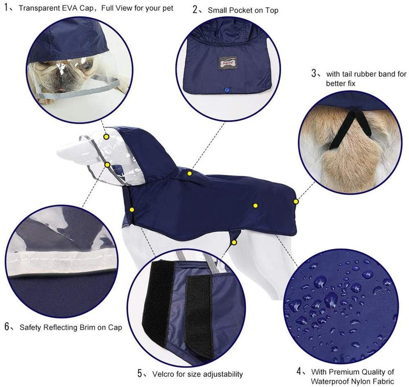 Pet Raincoat Packable Hooded Dog Rain Jacket Reflective Strips Lightweight Adjustable Poncho for Small Medium Large Dogs XS (Pack of 1) Blue - PawsPlanet Australia